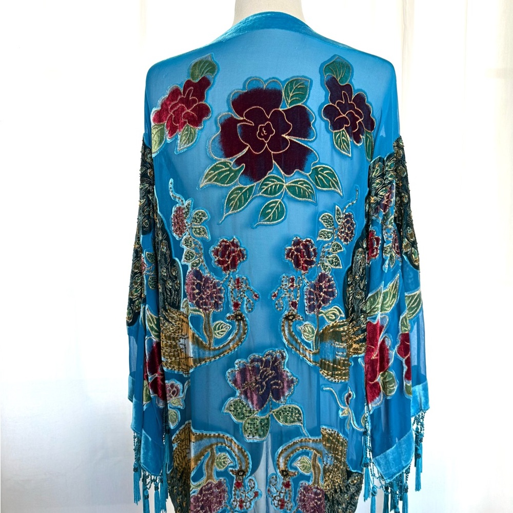 Boho Blue embroidered Floral Kimono with Fringe
